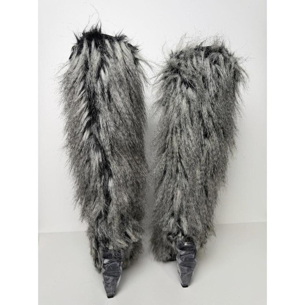 Chanel Faux Fur Knee High Boots Sz 38.5 Italy Sculpted Heel RARE - Picture 6 of 11